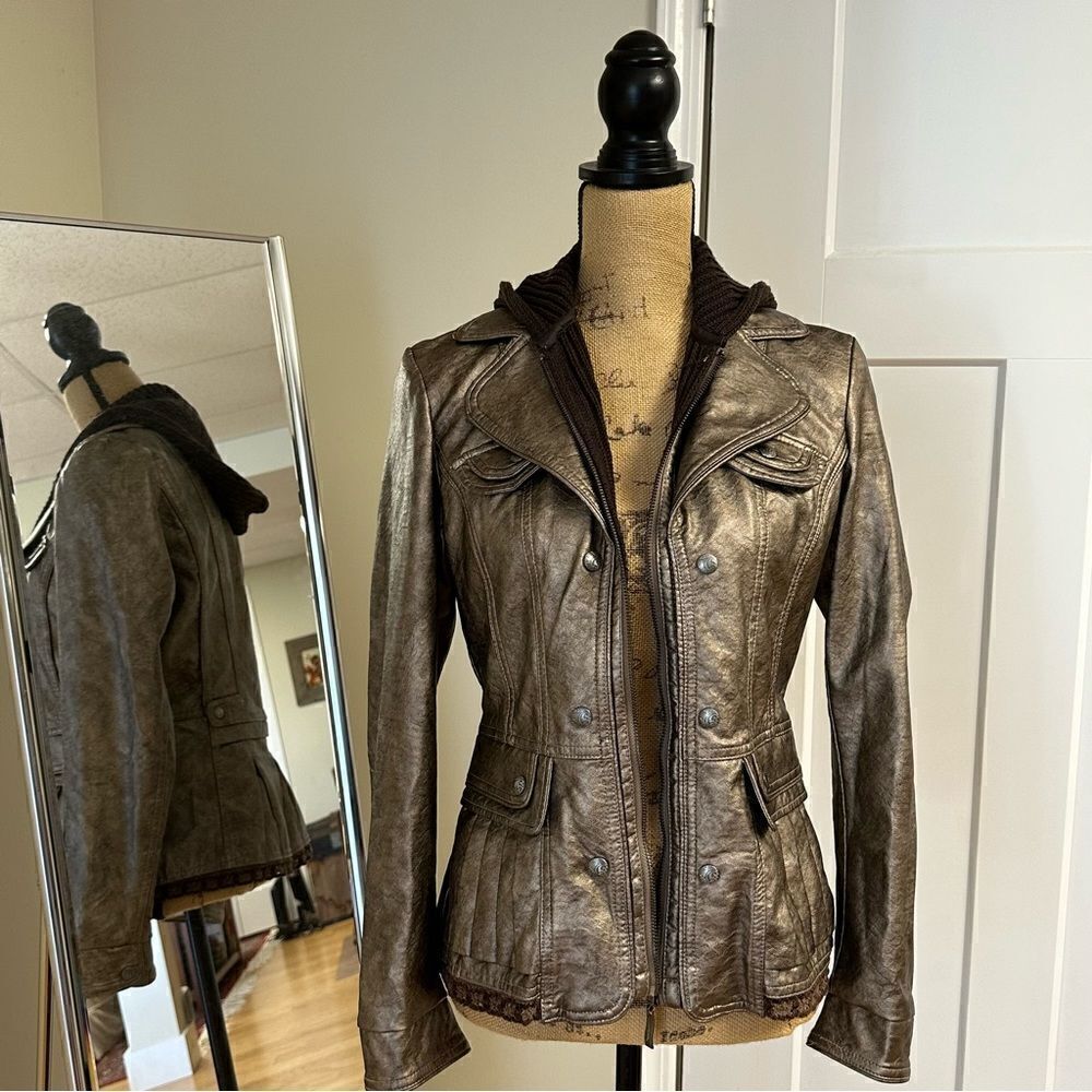 Montanaco Vegan Leather Jacket, Knit Crochet Trim Finish w/ knit hood